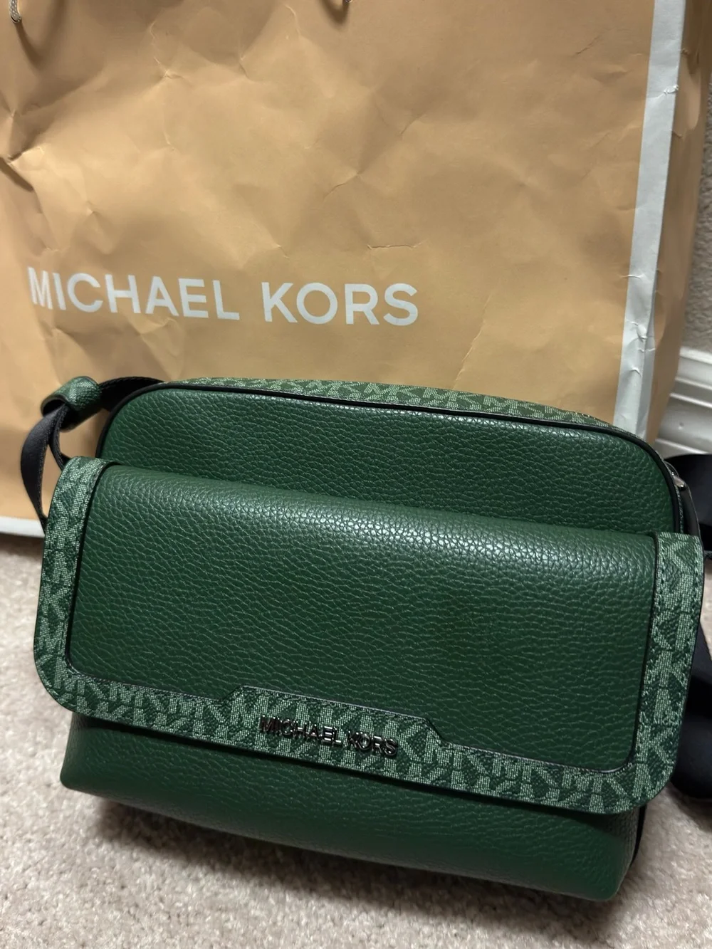 MICHAEL KORS Green Pebbled Leather Messenger Crossbody